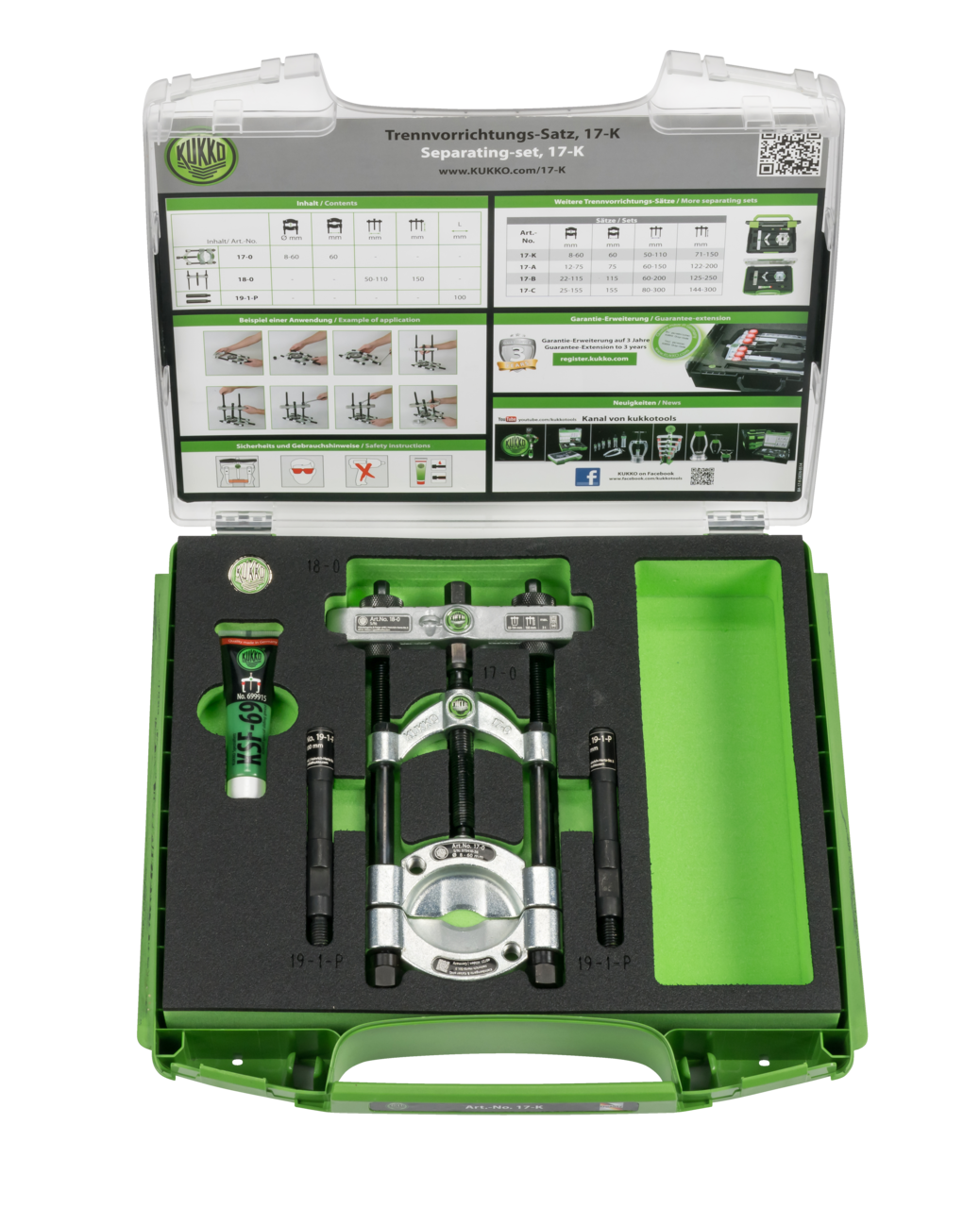 kukko 17-k separating device set with quick clamping pressure spindle for pulling ball bearings, roller bearings, inner rings, and other flat-lying parts in crafts, industry,