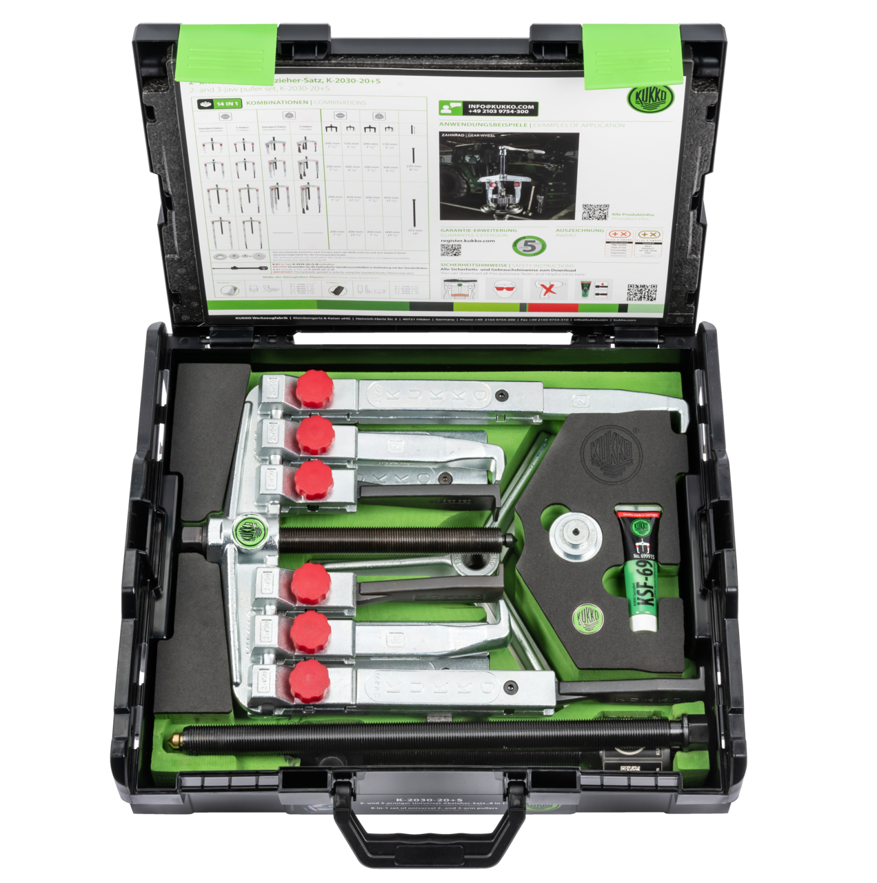 kukko k-2030-20+s 2-jaw, 3-jaw universal puller set with two different puller jaw types for 2-jaw and 3-jaw extraction of gearbox gears, bearings, sprockets, and synchronizers in crafts, indus