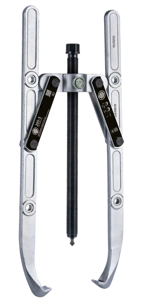 Heavy-duty three-jaw gear puller tool with adjustable arms and labeled steel body