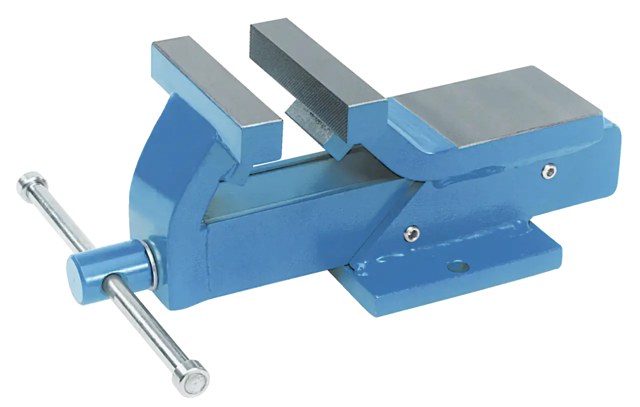Heavy duty blue bench vise with textured jaws for secure clamping, industrial tool
