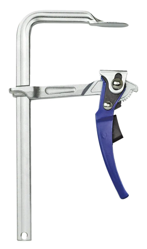 Heavy-duty metal bar clamp with ergonomic blue handle for secure shop tool clamping