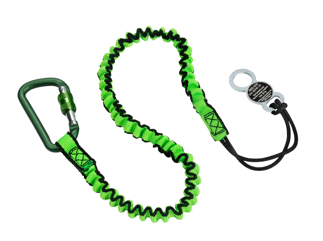 Green elastic tool lanyard with metal carabiner and loop, industrial safety gear
