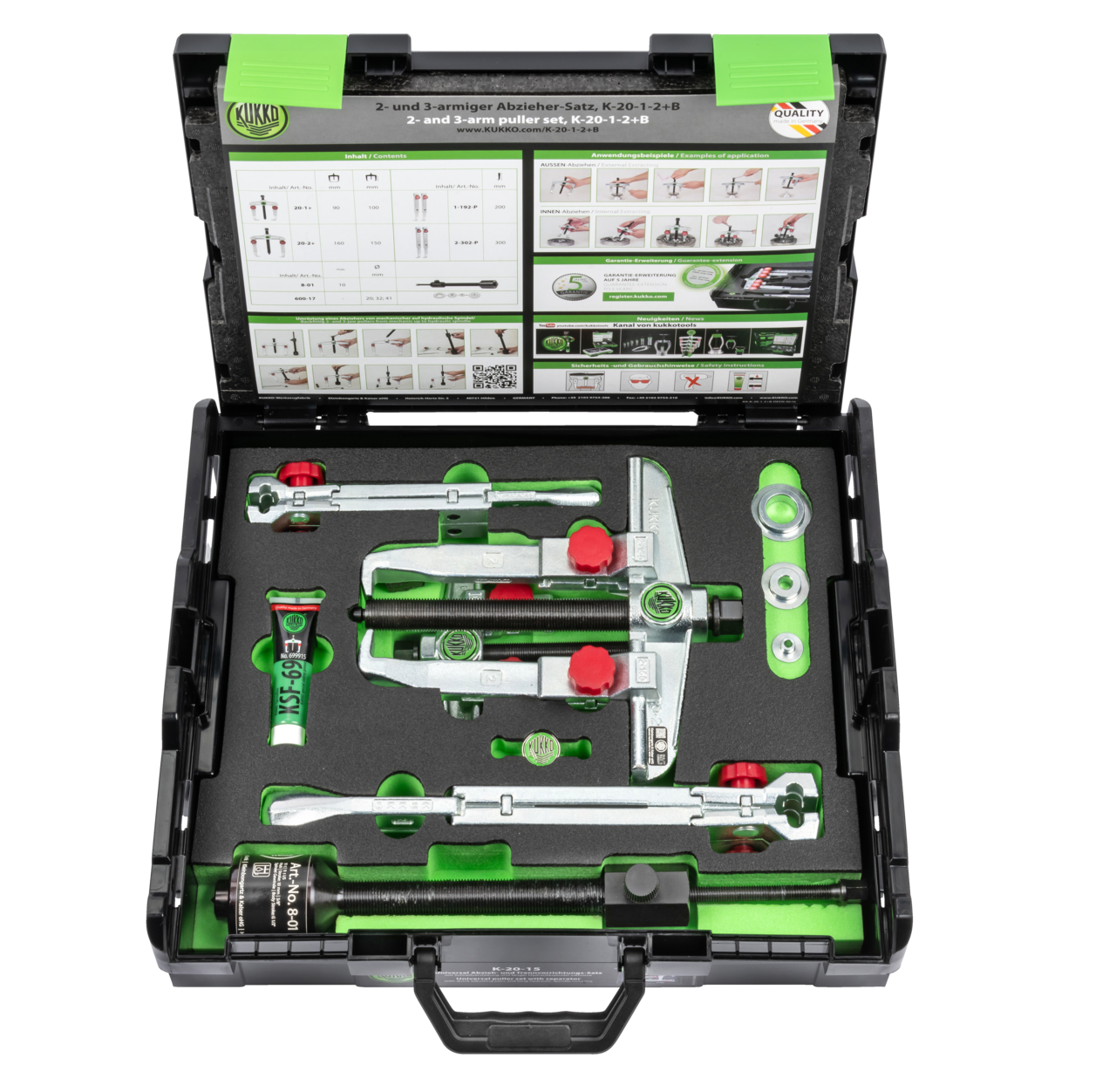 kukko k-20-1-2+b 2-jaw universal puller set with quick adjustment, hydraulic spindle, extensions for 2-jaw pulling of normal and especially tight-fitting bearings, gears, disks, etc