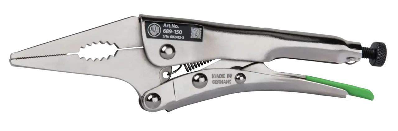 Adjustable locking pliers with serrated jaws for gripping, made of metal with a green handle tip