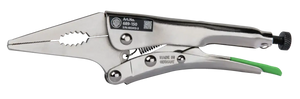 Adjustable locking pliers with serrated jaws for gripping, made of metal with a green handle tip