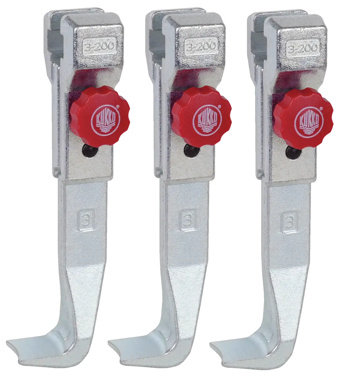 Set of three metal puller tool arms with red adjustment knobs for industrial use