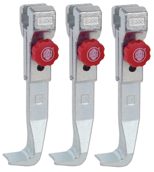 Set of three metal puller tool arms with red adjustment knobs for industrial use