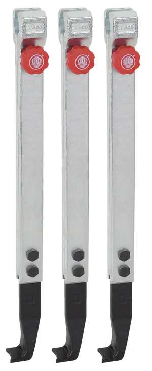 Set of three metal puller arms with red adjustment knobs and black gripping ends, industrial tool