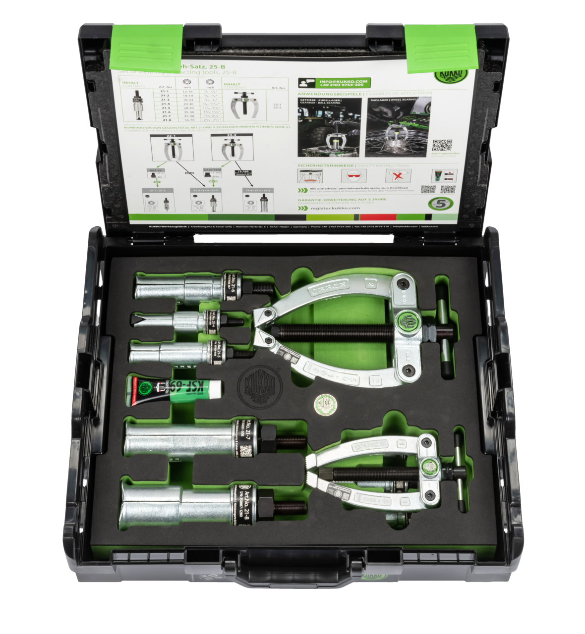 kukko 25-b ball bearing puller set with counter stay ø 12-70 mm for pulling internal bearings, bearing outer rings, and bushings in craft, industry, and workshop