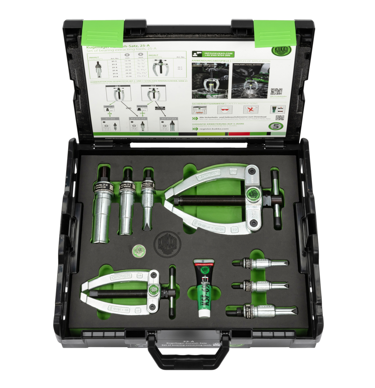 kukko 25-a ball bearing puller set with counter stay ø 12-46 mm for pulling internal bearings, bearing outer rings, and bushings in crafts, industry, and workshops