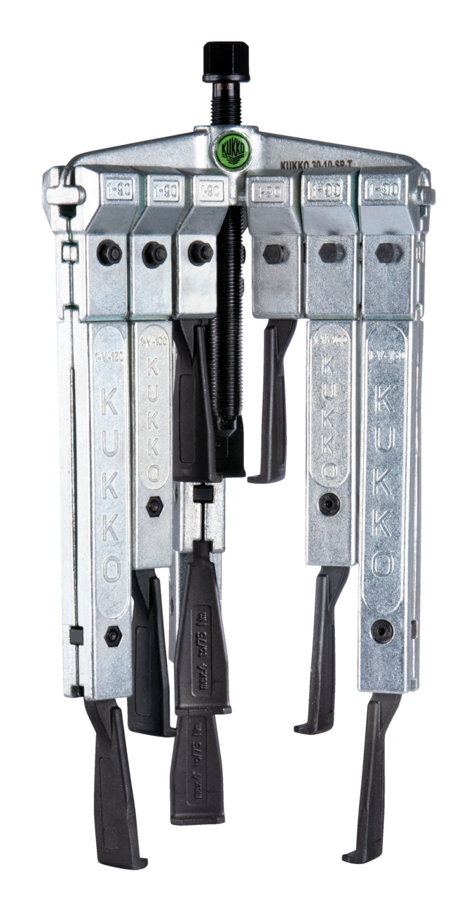kukko 30-10-sp-t 3-arm universal puller 120 x 100 mm with extremely narrow trigger hook in set for safely pulling gear wheels, bearings, pinions, synchronizer bodies, and similar components