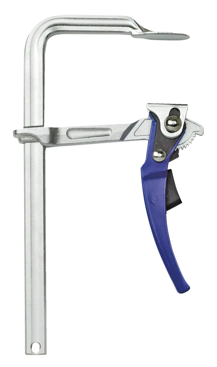 Heavy-duty metal quick-release bar clamp with blue ergonomic handle for industrial use