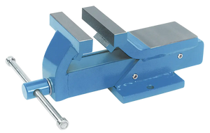 Heavy-duty blue bench vise with steel jaws and handle for industrial shop work