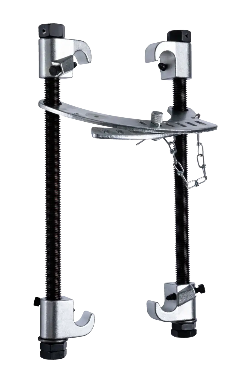 Heavy-duty coil spring compressor tool with metal hooks and threaded rods for automotive repair