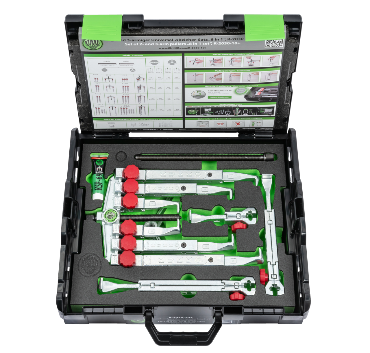 kukko k-2030-10+ 2-, 3-jaw universal puller set with quick-adjusting puller jaws for 2-jaw and 3-jaw pulling of bearings, gears, discs, etc