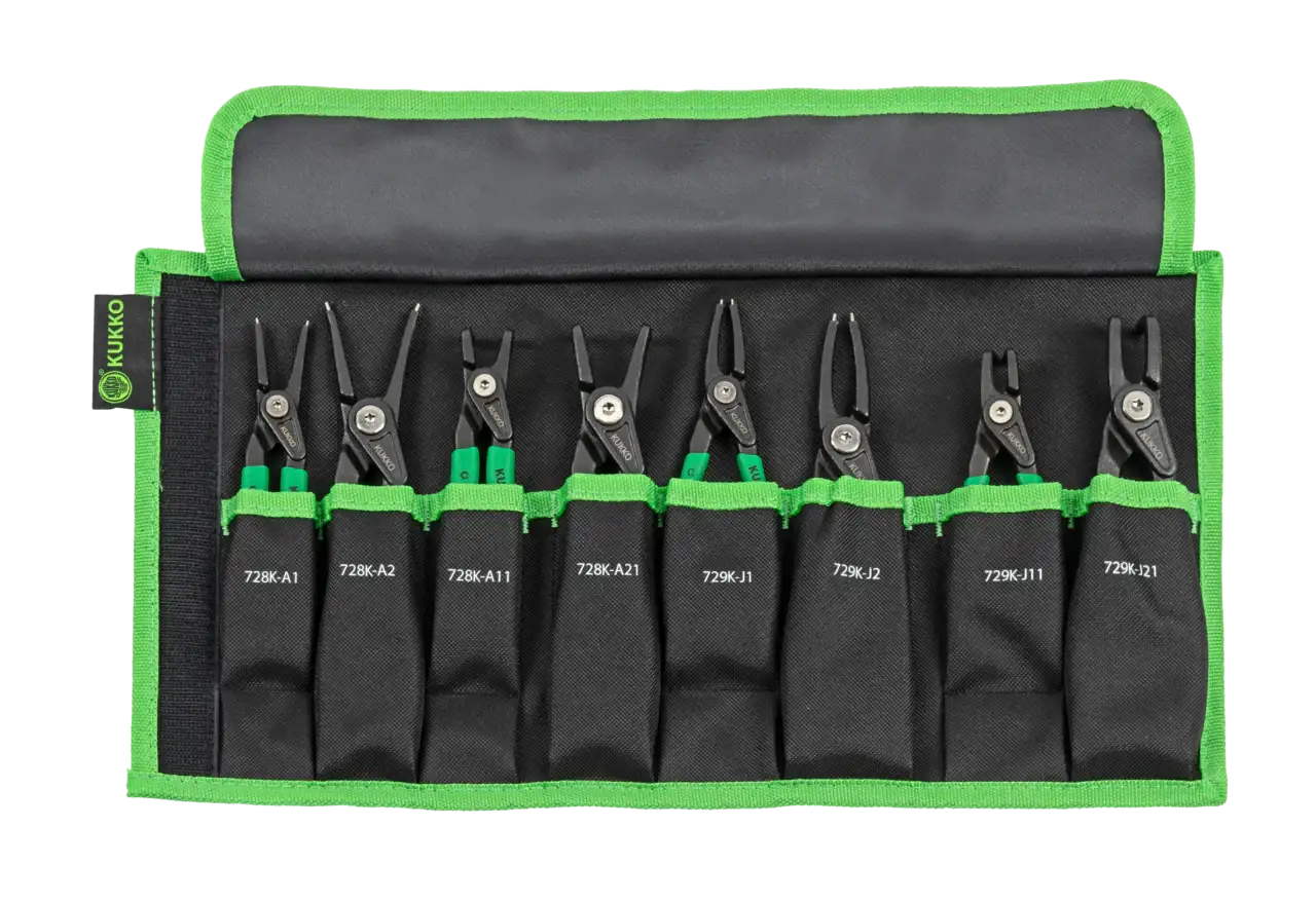Eight-piece precision circlip pliers set in black and green fabric roll-up pouch