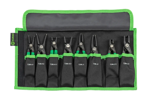 Eight-piece precision circlip pliers set in black and green fabric roll-up pouch