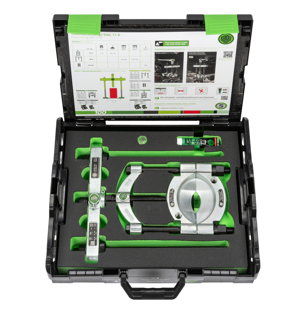 kukko 17-b seperator set with quick-clamp pressure spindle ø 22-115 mm/350 mm for removing ball bearings, roller bearings, inner rings, and other flat-lying parts in craftsmanship, i