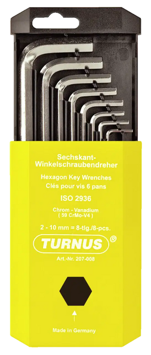 Set of 8 hex key wrenches in holder, chrome vanadium steel, labeled with sizes and specs