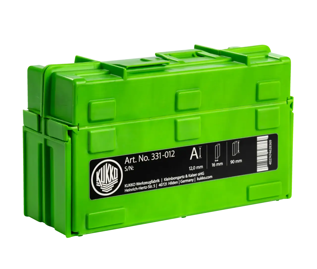 Green plastic toolbox with Kukko label, industrial storage case for shop tools