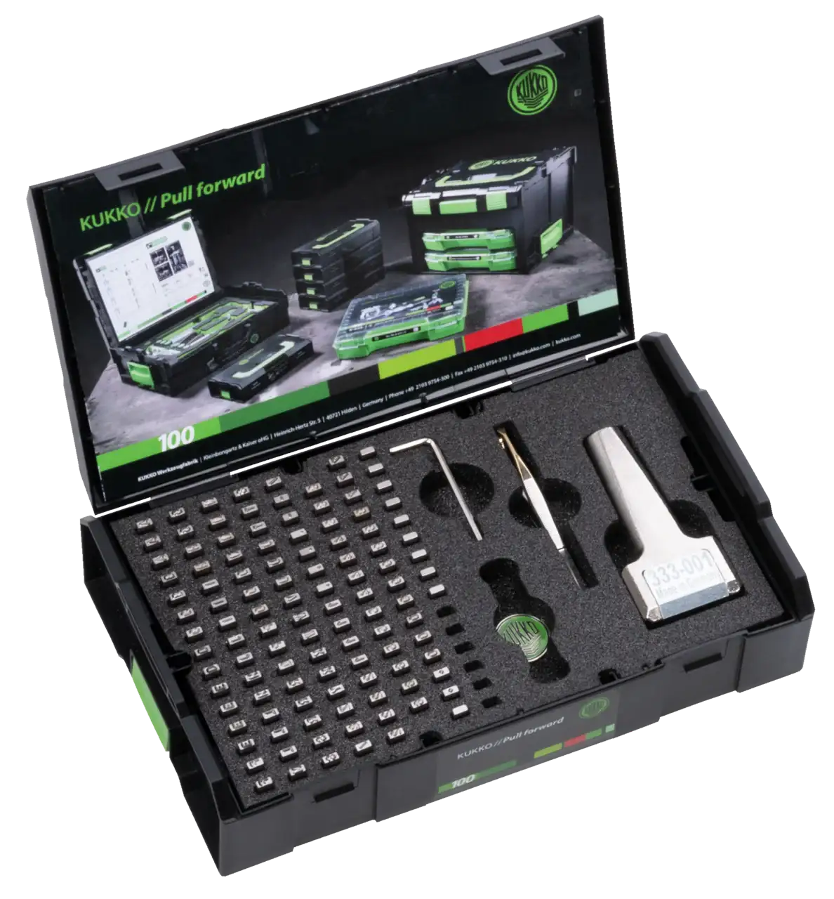 Industrial tool set with hex keys, tray of metal components, and case for equipment organization.