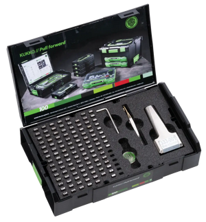 Industrial tool set with hex keys, tray of metal components, and case for equipment organization.