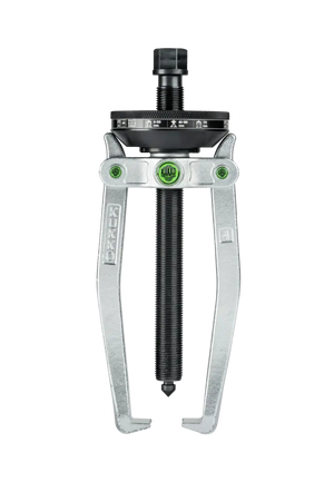 Heavy-duty two-jaw gear puller tool with green accents and measurement markings
