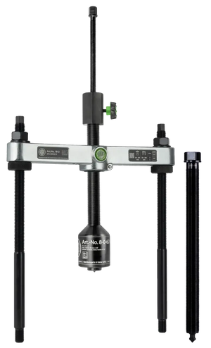 Heavy-duty industrial gear puller tool with threaded rods and labeled parts for mechanical repair