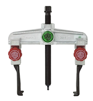 Metal gear puller tool with red adjustment knobs and central threaded spindle