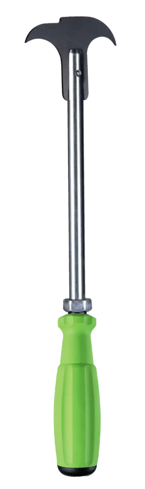 Industrial tool with green handle and dual steel pronged head, shop tool for heavy-duty use