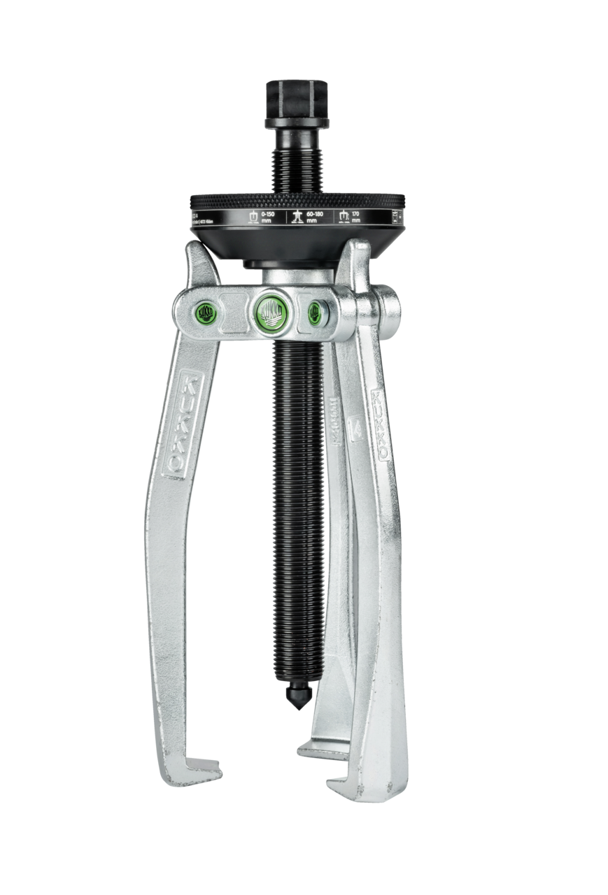kukko 221-4 3-jaw puller with conical self-tensioning, up to 150 mm spread, 170 mm reach for centric removal of bearings, gears, and discs in all common sizes for crafts, workshops, and industr
