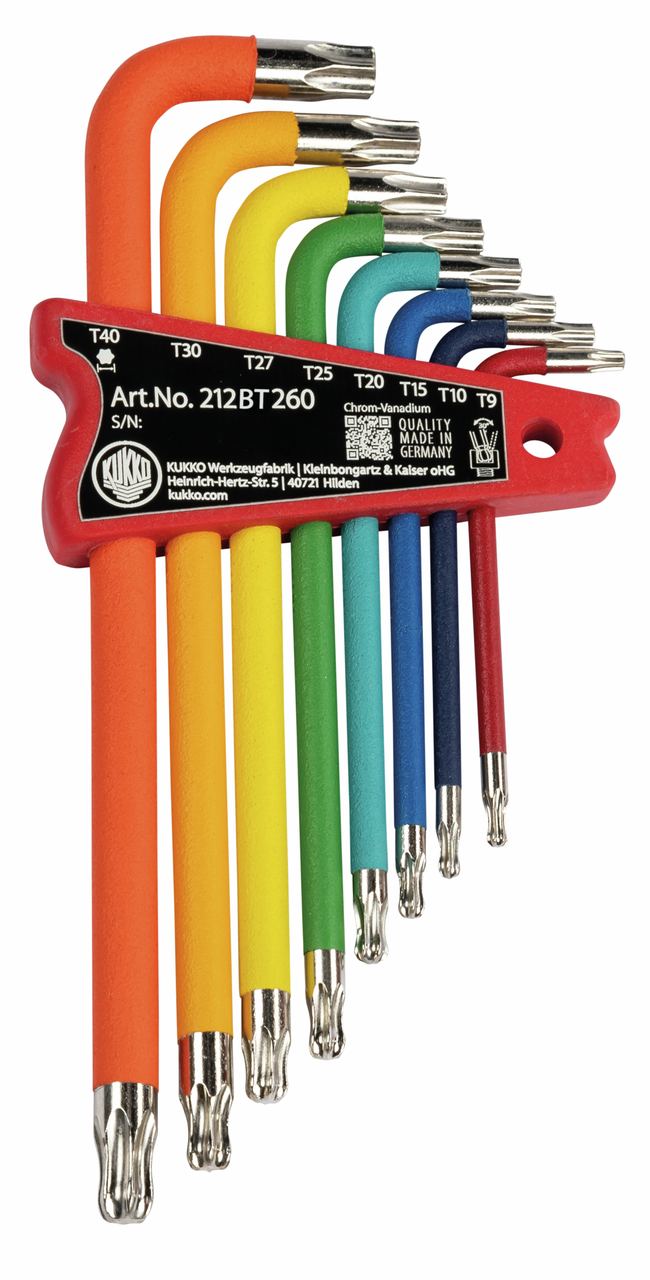 kukko 212bt260 color-coded tx allen key set with ball head in kukko clip, key sizes 9, 10, 15, 20, 25, 27, 30, 40 for operating hard-to-reach screw heads in workshops, industry, and crafts