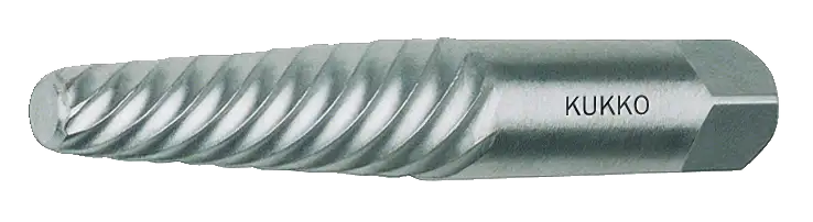 Steel screw extractor tool with spiral flutes and hex end, Kukko engraved