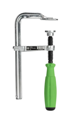 Metal F-clamp with green handle for woodworking and industrial clamping tasks