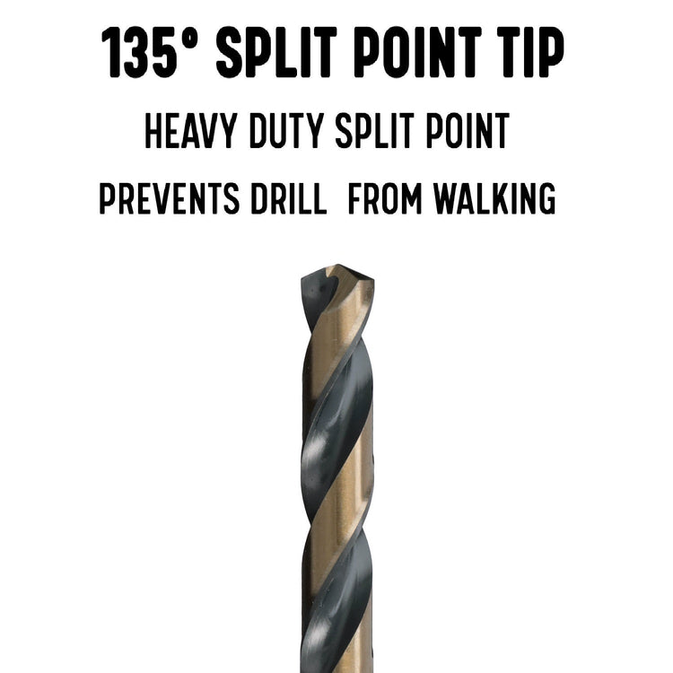 A close-up of a drill with text descibing the drill split-point