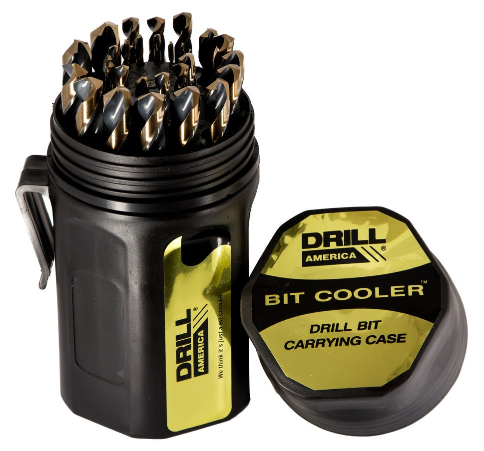 Complete drill set in a plastic case with the lid off exposing the drills inside