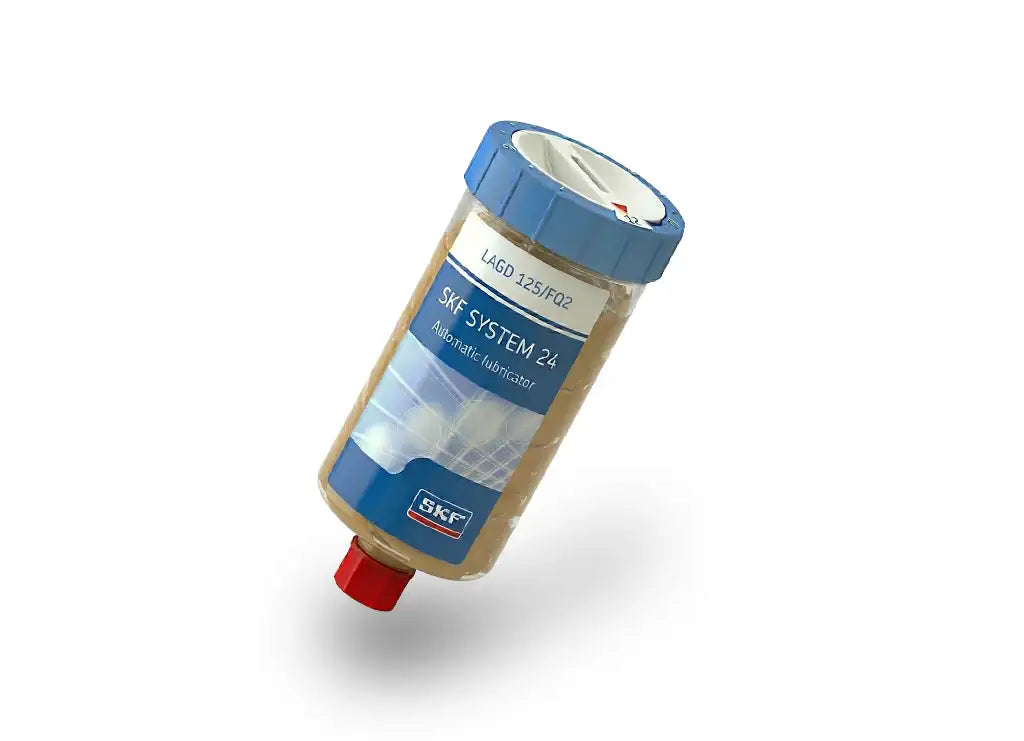 SKF System 24 automatic lubricator cartridge with blue lid on white background