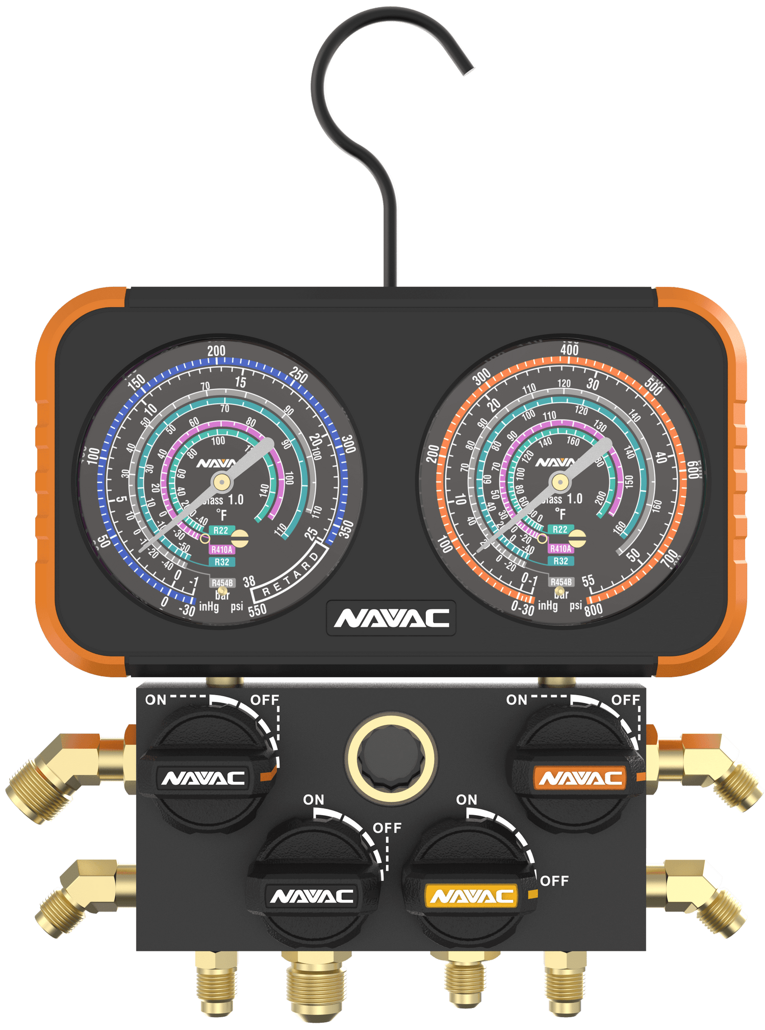 NAVAC N4A4B- 4-Valve Manifold Gauge, Impact-Resistant, optimized for wider applications