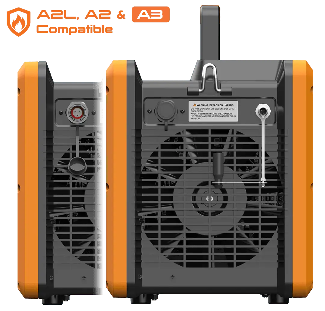 Industrial refrigerant recovery machines with A2L, A2, A3 compatibility, orange accents