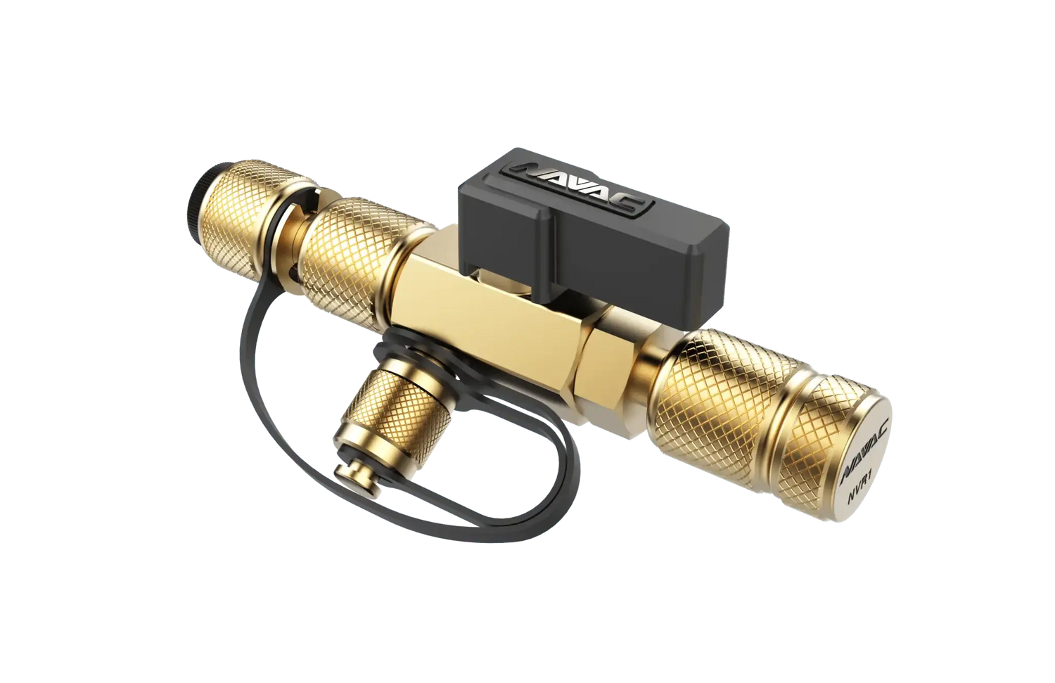 Brass vacuum valve with knurled fittings and black protective cap for HVAC applications