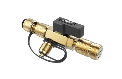 Brass vacuum valve with knurled fittings and black protective cap for HVAC applications