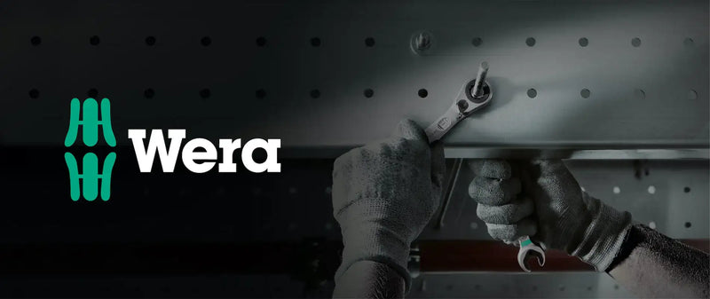 Gloved hands using a Wera ratchet wrench and spanner on metal panel, industrial tools banner