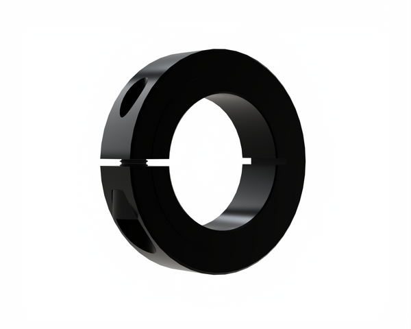 Black steel shaft collar with set screw, industrial power transmission component.