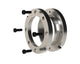 Exploded view of a metal shaft collar with bolts, industrial power transmission component