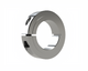 Stainless steel shaft collar with set screw, industrial machine component on white background
