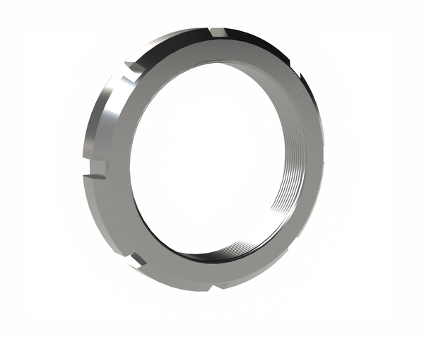 Rendered steel locknut with notched edges and internal threading, industrial hardware