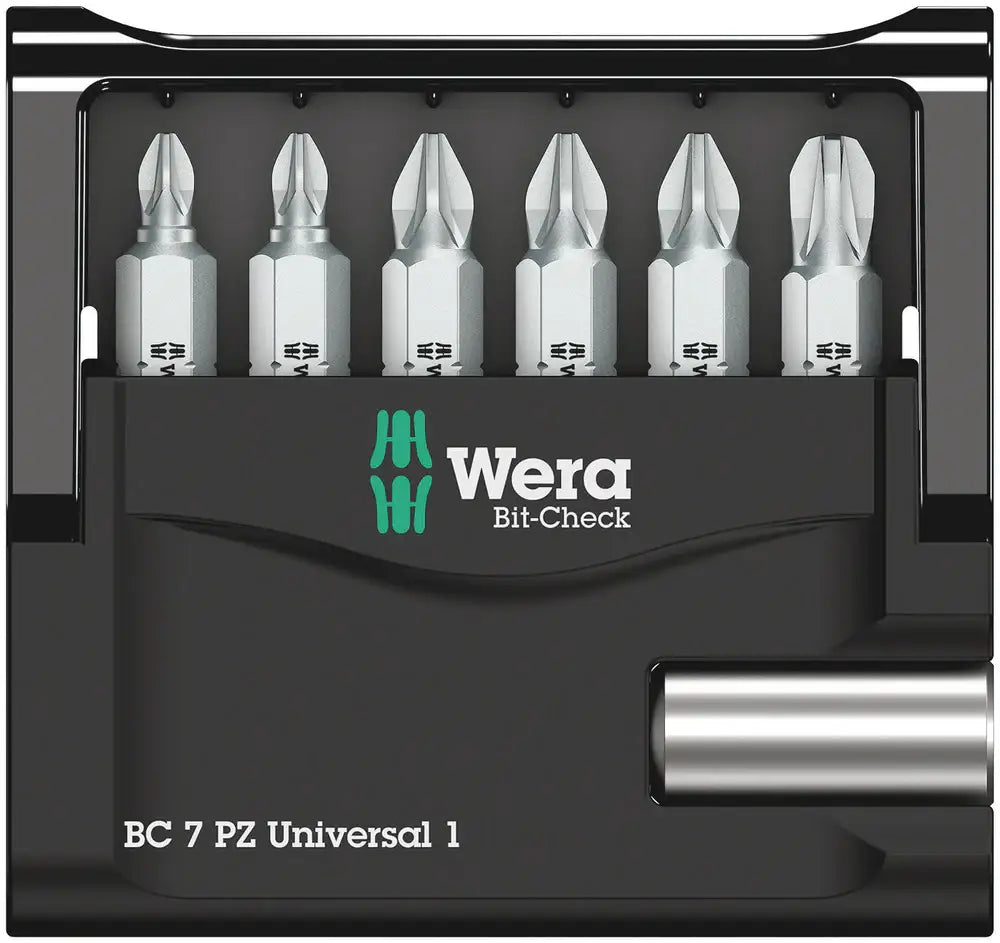 Wera Bit-Check 7-piece screwdriver bit set in black plastic case, labeled BC 7 PZ Universal 1.