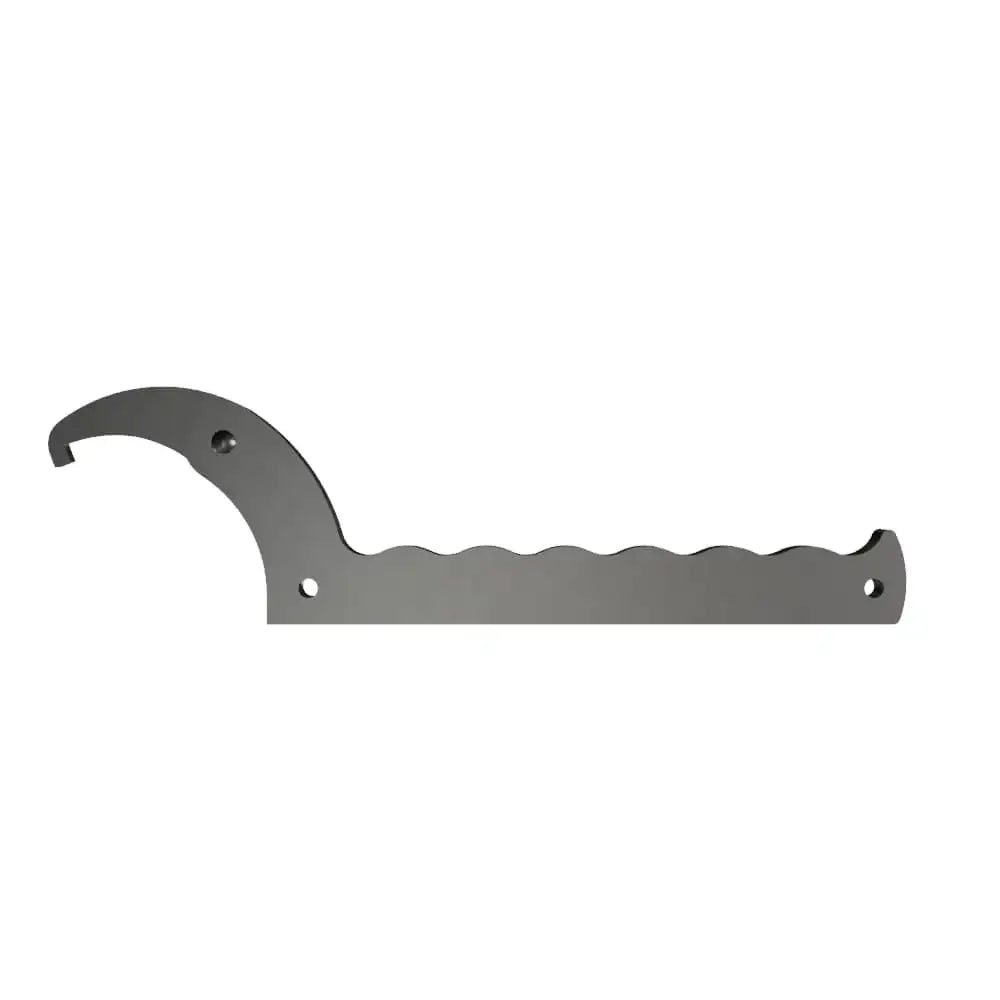Steel spanner wrench with curved hook and grooved handle on white background