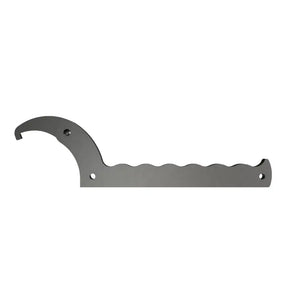 Steel spanner wrench with curved hook and grooved handle on white background