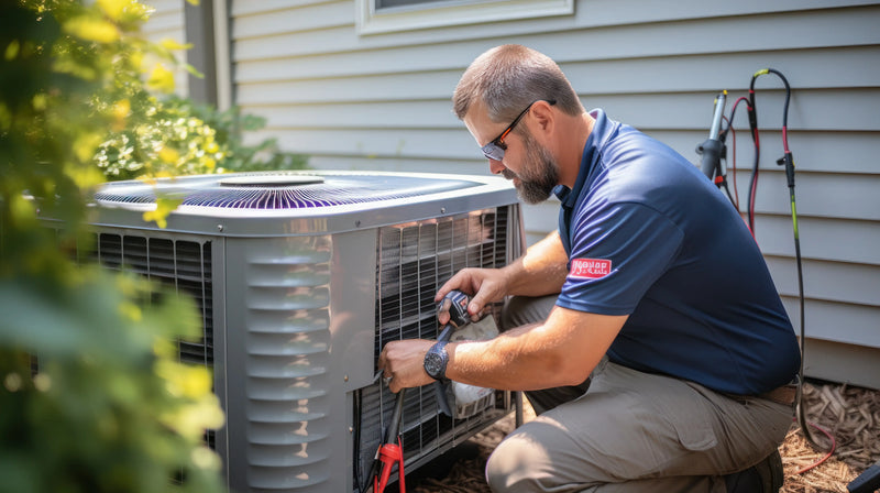 Technician performing maintenance on outdoor HVAC unit with tools and safety glasses